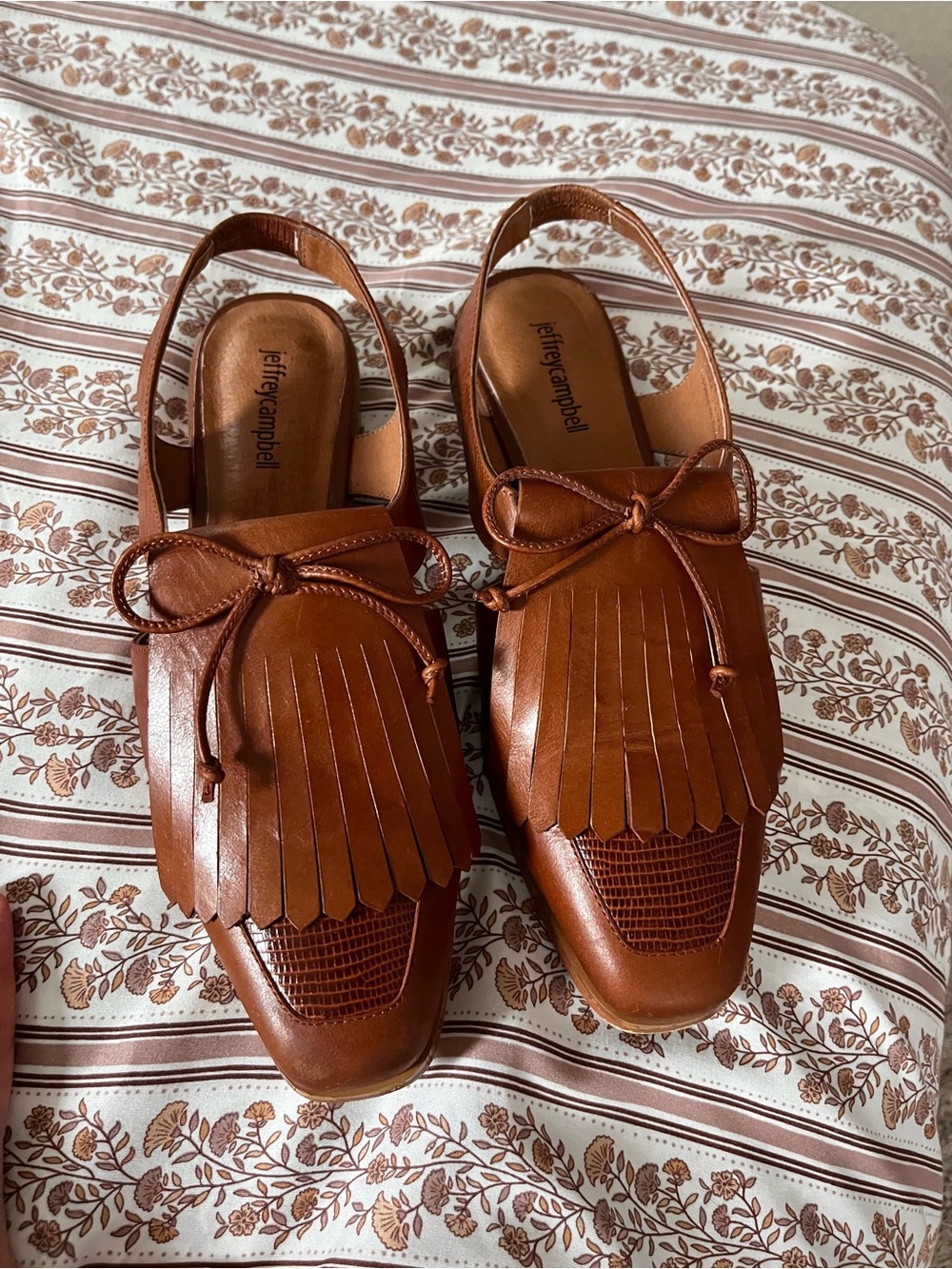 Jeffrey Campbell Cognac Fringe Bow Slingback Loafers
